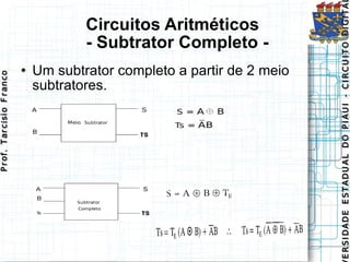 Circuitos Aritméticos   - Subtrator Completo - Um subtrator completo a partir de 2 meio subtratores. 