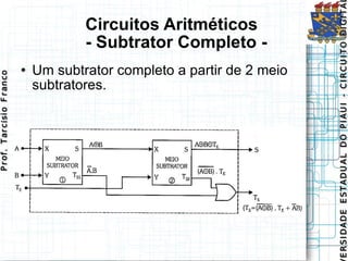 Circuitos Aritméticos   - Subtrator Completo - Um subtrator completo a partir de 2 meio subtratores. 