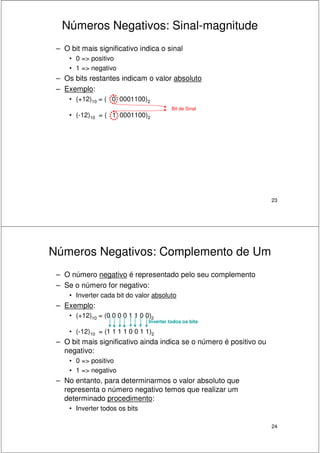 23
Números Negativos: Sinal-magnitude
– O bit mais significativo indica o sinal
• 0 => positivo
• 1 => negativo
– Os bits restantes indicam o valor absoluto
– Exemplo:
• (+12)10 = ( 0 0001100)2
• (-12)10 = ( 1 0001100)2
Bit de Sinal
24
Números Negativos: Complemento de Um
– O número negativo é representado pelo seu complemento
– Se o número for negativo:
• Inverter cada bit do valor absoluto
– Exemplo:
• (+12)10 = (0 0 0 0 1 1 0 0)2
• (-12)10 = (1 1 1 1 0 0 1 1)2
– O bit mais significativo ainda indica se o número é positivo ou
negativo:
• 0 => positivo
• 1 => negativo
– No entanto, para determinarmos o valor absoluto que
representa o número negativo temos que realizar um
determinado procedimento:
• Inverter todos os bits
Inverter todos os bits
 