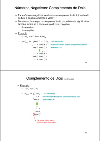 25
Números Negativos: Complemento de Dois
– Para números negativos, realizamos o complemento de 1, invertendo
os bits, e depois somamos o valor “1”
– Da mesma forma que no complemento de um, o bit mais significativo
também indica se o número é positivo ou negativo:
• 0 => positivo
• 1 => negativo
– Exemplo:
• (+12)10 = (0 0 0 0 1 1 0 0)2
• (-12)10 => (0 0 0 0 1 1 0 0)2 – “12” em binário
1 1 1 1 0 0 1 1 – invertemos todos os bits (complemento de um)
0 0 0 0 0 0 0 1 – somamos “+1”
1 1 1 1 0 0 1 1
0 0 0 0 0 0 0 1
1 1 1 1 0 1 0 0
+
11
+
26
Complemento de Dois (continuação)
– Exemplo:
• (+0)10 = (0 0 0)2
• (-0)10 => (0 0 0)2 – “0” em binário
1 1 1 – invertemos todos os bits (complemento de um)
0 0 1 – somamos “+1”
1 1 1
0 0 1
1 0 0 0
+
11
+
Se houver vai-um (carry),
este deverá ser desprezado
 