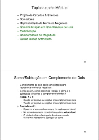 29
Tópicos deste Módulo
– Projeto de Circuitos Aritméticos
– Somadores
– Representação de Números Negativos
– Soma/Subtração em Complemento de Dois
– Multiplicação
– Comparadores de Magnitude
– Outros Blocos Aritméticos
30
Soma/Subtração em Complemento de Dois
– Complemento de dois pode ser utilizado para
representar números negativos.
– Sendo assim, como podemos realizar a soma e a
subtração utilizando o complemento de dois?
– Regra: X + Y
• X pode ser positivo ou negativo em complemento de dois
• Y pode ser positivo ou negativo em complemento de dois
– Procedimento:
• Devemos apenas realizar a soma de modo convencional
• Na soma de números com sinal descartar o vai-um final
• O bit de sinal deve fazer parte do número quando
estivermos realizando a operação de soma
 