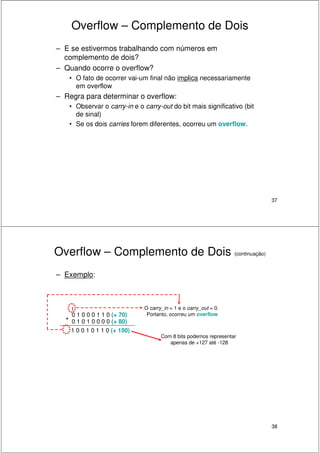 37
Overflow – Complemento de Dois
– E se estivermos trabalhando com números em
complemento de dois?
– Quando ocorre o overflow?
• O fato de ocorrer vai-um final não implica necessariamente
em overflow
– Regra para determinar o overflow:
• Observar o carry-in e o carry-out do bit mais significativo (bit
de sinal)
• Se os dois carries forem diferentes, ocorreu um overflow.
38
Overflow – Complemento de Dois (continuação)
– Exemplo:
0 1 0 0 0 1 1 0 (+ 70)
0 1 0 1 0 0 0 0 (+ 80)
1
+
1 0 0 1 0 1 1 0 (+ 150)
O carry_in = 1 e o carry_out = 0.
Portanto, ocorreu um overflow
Com 8 bits podemos representar
apenas de +127 até -128
 