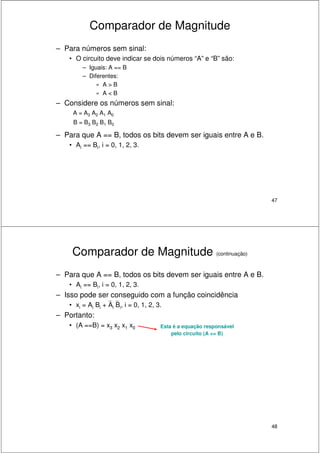 47
Comparador de Magnitude
– Para números sem sinal:
• O circuito deve indicar se dois números “A” e “B” são:
– Iguais: A == B
– Diferentes:
» A > B
» A < B
– Considere os números sem sinal:
– Para que A == B, todos os bits devem ser iguais entre A e B.
• Ai == Bi, i = 0, 1, 2, 3.
B = B3 B2 B1 B0
A = A3 A2 A1 A0
48
Comparador de Magnitude (continuação)
– Para que A == B, todos os bits devem ser iguais entre A e B.
• Ai == Bi, i = 0, 1, 2, 3.
– Isso pode ser conseguido com a função coincidência
• xi = Ai Bi + Ai Bi, i = 0, 1, 2, 3.
– Portanto:
• (A ==B) = x3 x2 x1 x0 Esta é a equação responsável
pelo circuito (A == B)
 