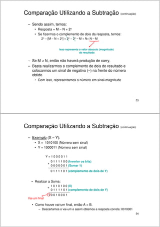 53
Comparação Utilizando a Subtração (continuação)
– Sendo assim, temos:
• Resposta = M − N + 2n
• Se fizermos o complemento de dois da resposta, temos:
2n − [M − N + 2n] = 2n − 2n – M + N= N – M
– Se M < N, então não haverá produção de carry.
– Basta realizarmos o complemento de dois do resultado e
colocarmos um sinal de negativo (–) na frente do número
obtido
• Com isso, representamos o número em sinal-magnitude
Isso representa o valor absouto (magnitude)
do resultado
54
Comparação Utilizando a Subtração (continuação)
– Exemplo (X – Y):
• X = 1010100 (Número sem sinal)
• Y = 1000011 (Número sem sinal)
Y = 1 0 0 0 0 1 1
0 1 1 1 1 0 0 (Inverter os bits)
+
0 0 0 0 0 0 1 (Somar 1)
0 1 1 1 1 0 1 (complemento de dois de Y)
• Como houve vai-um final, então A > B.
– Descartamos o vai-um e assim obtemos a resposta correta: 0010001
1 0 1 0 1 0 0 (X)
Vai-um final
+
1 0 0 1 0 0 0 1
0 1 1 1 1 0 1 (complemento de dois de Y)
• Realizar a Soma:
 