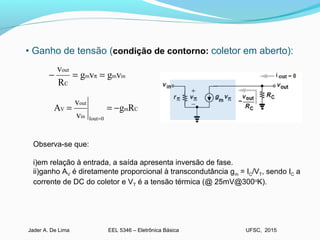 EEL 5346 – Eletrônica BásicaJader A. De Lima UFSC, 2015
• Ganho de tensão (condição de contorno: coletor em aberto):
inmm
C
out
vgvg
R
v
==− π
Cm
0Ioutin
out
V Rg
v
v
A −==
=
Observa-se que:
i)em relação à entrada, a saída apresenta inversão de fase.
ii)ganho AV é diretamente proporcional à transcondutância gm = IC/VT, sendo IC a
corrente de DC do coletor e VT é a tensão térmica (@ 25mV@300o
K).
 