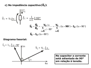c) Na impedância capacitiva :
Diagrama fasorial:
No capacitor a corrente
está adiantada de 90°
em relação à tensão.
 