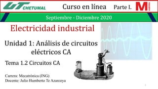 Septiembre - Diciembre 2020
Electricidad industrial
Carrera: Mecatrónica (ING)
Docente: Julio Humberto Te Azarcoya
1
Unidad 1: Análisis de circuitos
eléctricos CA
Curso en línea
Tema 1.2 Circuitos CA
Parte I.
 