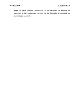 TECNOLOGIA                                                 ELECTRICIDAD

    Nota: Se puede observar que la suma de las diferencias de potencial en
    extremos de las resistencias coincide con la diferencia de potencial en
    extremos del generador.
 