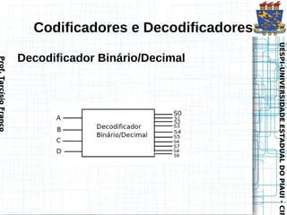 UESPI–UNIVERSIDADE ESTADUAL DO PIAUI - CIR
                                  UESPI–UNIVERSIDADE ESTADUAL DO PIAUI - CIR
Codificadores e Decodificadores

                                    Decodificador Binário/Decimal
                                               Prof. Tarcísio Franco
 