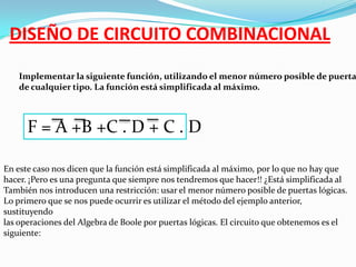 DISEÑO DE CIRCUITO COMBINACIONAL

Implementar la siguiente función, utilizando el menor número posible de puerta
de cualquier tipo. La función está simplificada al máximo.

F = A +B +C . D + C . D
En este caso nos dicen que la función está simplificada al máximo, por lo que no hay que
hacer. ¡Pero es una pregunta que siempre nos tendremos que hacer!! ¿Está simplificada al
También nos introducen una restricción: usar el menor número posible de puertas lógicas.
Lo primero que se nos puede ocurrir es utilizar el método del ejemplo anterior,
sustituyendo
las operaciones del Algebra de Boole por puertas lógicas. El circuito que obtenemos es el
siguiente:

 