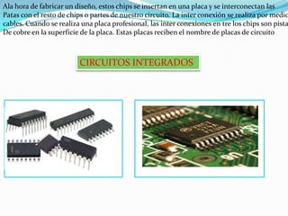 Ala hora de fabricar un diseño, estos chips se insertan en una placa y se interconectan las
Patas con el resto de chips o partes de nuestro circuito. La inter conexión se realiza por medio
cables. Cuando se realiza una placa profesional, las inter conexiones en tre los chips son pista
De cobre en la superficie de la placa. Estas placas reciben el nombre de placas de circuito

CIRCUITOS INTEGRADOS

 