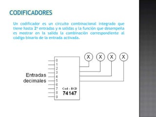 CODIFICADORES
Un codificador es un circuito combinacional integrado que
tiene hasta 2n entradas y n salidas y la función que desempeña
es mostrar en la salida la combinación correspondiente al
código binario de la entrada activada.

 