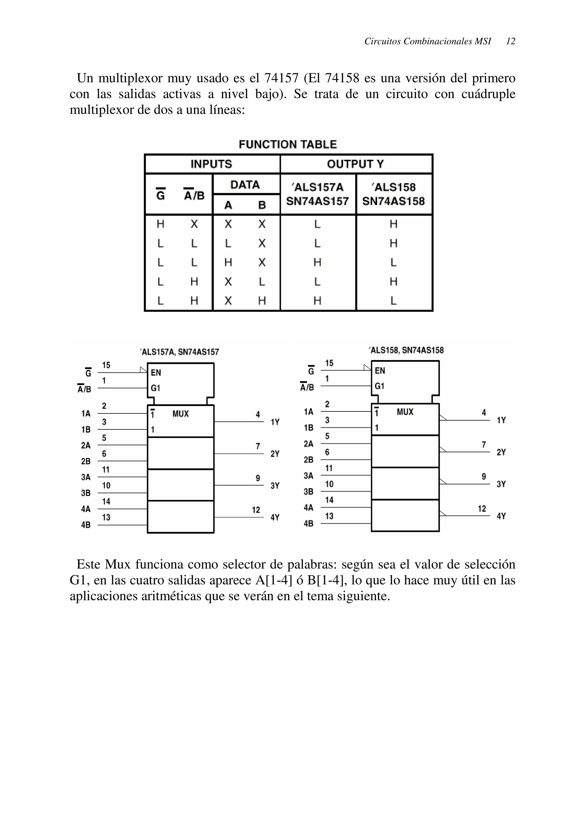 Circuitos Combinacionales MSI 12 
Un multiplexor muy usado es el 74157 (El 74158 es una versión del primero 
con las salidas activas a nivel bajo). Se trata de un circuito con cuádruple 
multiplexor de dos a una líneas: 
Este Mux funciona como selector de palabras: según sea el valor de selección 
G1, en las cuatro salidas aparece A[1-4] ó B[1-4], lo que lo hace muy útil en las 
aplicaciones aritméticas que se verán en el tema siguiente. 
 