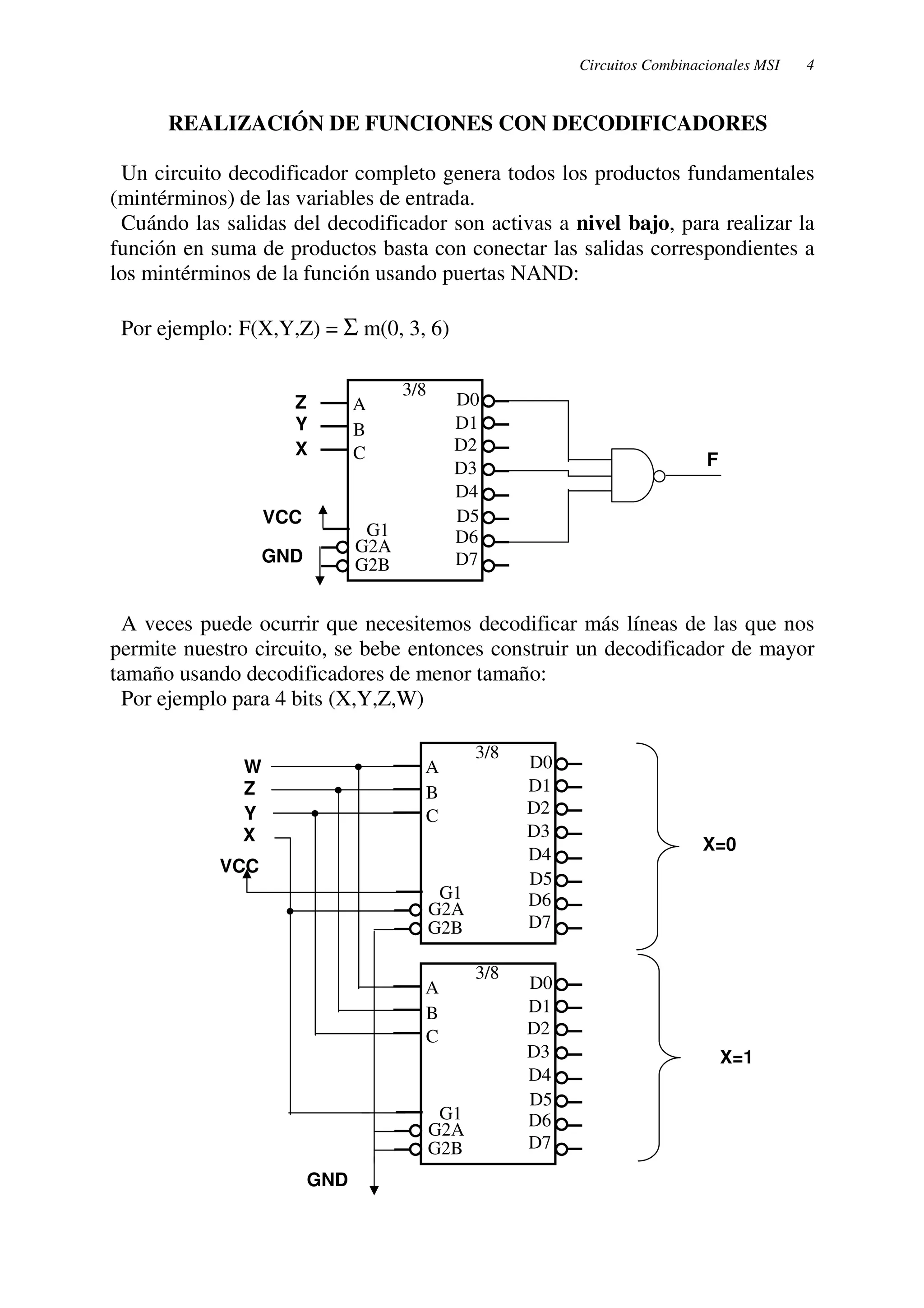 Circuitos Combinacionales MSI 4 
REALIZACIÓN DE FUNCIONES CON DECODIFICADORES 
Un circuito decodificador completo genera todos los productos fundamentales 
(mintérminos) de las variables de entrada. 
Cuándo las salidas del decodificador son activas a nivel bajo, para realizar la 
función en suma de productos basta con conectar las salidas correspondientes a 
los mintérminos de la función usando puertas NAND: 
Por ejemplo: F(X,Y,Z) = S m(0, 3, 6) 
D0 
D1 
D2 
D3 
D4 
D5 
D6 
D7 
A 
B 
C 
G1 
G2A 
G2B 
3/8 
Z 
Y 
X 
VCC 
GND 
F 
A veces puede ocurrir que necesitemos decodificar más líneas de las que nos 
permite nuestro circuito, se bebe entonces construir un decodificador de mayor 
tamaño usando decodificadores de menor tamaño: 
Por ejemplo para 4 bits (X,Y,Z,W) 
D0 
D1 
D2 
D3 
D4 
D5 
D6 
D7 
A 
B 
C 
X X=0 
G1 
G2A 
G2B 
3/8 
W 
Z 
Y 
D0 
D1 
D2 
D3 
D4 
D5 
D6 
D7 
A 
B 
C 
G1 
G2A 
G2B 
3/8 
GND 
X=1 
VCC 
 