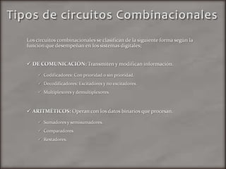 Consecuencia: Un circuito combinacional no puede tener bucles cerrados o realimentaciones (porque si hay bucles, la entrada se realimenta o cambia durante el circuito).