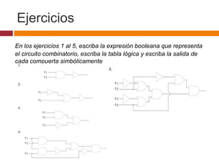 Ejercicios
En los ejercicios 1 al 5, escriba la expresión booleana que representa
el circuito combinatorio, escriba la tabla lógica y escriba la salida de
cada compuerta simbólicamente

 