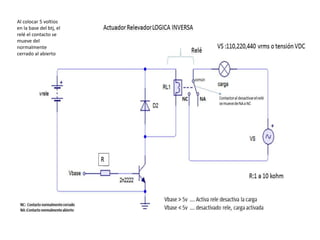 Al colocar 5 voltios
en la base del btj, el
relé el contacto se
mueve del
normalmente
cerrado al abierto
 