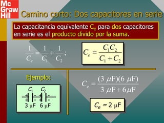 Camino corto: Dos capacitores en serie
La capacitancia equivalente Ce para dos capacitores
en serie es el producto divido por la suma.

    1     1    1                C1C2
                  ;      Ce
    Ce    C1   C2              C1 C2

    Ejemplo:                   (3 F)(6 F)
                        Ce
     C1   C2                    3 F 6 F
   + - + -
   + - + -
   3 F 6 F                    Ce = 2 F
 