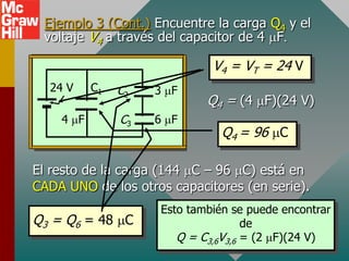 Ejemplo 3 (Cont.) Encuentre la carga Q4 y el
 voltaje V4 a través del capacitor de 4 F

                             V4 = VT = 24 V
  24 V    C1   C2   3 F
                            Q4 = (4 F)(24 V)
    4 F        C3   6 F
                               Q4 = 96 C

El resto de la carga (144 C – 96 C) está en
CADA UNO de los otros capacitores (en serie).
                    Esto también se puede encontrar
Q3 = Q6 = 48 C                      de
                       Q = C3,6V3,6 = (2 F)(24 V)
 