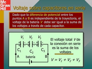 Voltaje sobre capacitores en serie
Dado que la diferencia de potencial entre los
puntos A y B es independiente de la trayectoria, el
voltaje de la batería V debe ser igual a la suma de
los voltajes a través de cada capacitor.


      V1     V2        V3
                                      El voltaje total V de
    +      - +        -+    -         la conexión en serie
    +      - +        -+    -
                                        es la suma de los
   C1            C2         C3
                                             voltajes
 •A                              B
                                  •
           batería
                                      V = V1 + V2 + V3
 