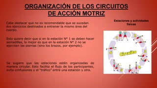 ORGANIZACIÓN DE LOS CIRCUITOS
DE ACCIÓN MOTRIZ
Cabe destacar que no es recomendable que se sucedan
dos ejercicios destinados a entrenar la mismo área del
cuerpo.
Esto quiere decir que si en la estación N° 1 se deben hacer
sentadillas, lo mejor es que en la estación N° 2 no se
ejerciten las piernas (sino los brazos, por ejemplo).
Estaciones y actividades
físicas
Se sugiere que las estaciones estén organizadas de
manera circular. Esto facilita el flujo de los participantes,
evita confusiones y el “tráfico” entre una estación y otra.
 