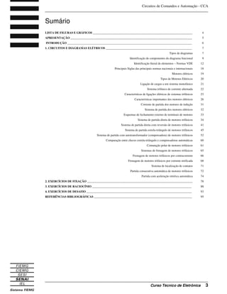 Circuitos de Comandos e Automação - CCA
_______________________________________________________________________________
_______________________________________________________________________________
Curso Técnico de Eletrônica 3
Sumário
3. EXERCÍCIOS DE RACIOCÍNIO ___________________________________________________________________ 88
4. EXERCÍCIOS DE DESAFIO _______________________________________________________________________ 93
REFERÊNCIAS BIBLIOGRÁFICAS __________________________________________________________________ 95
LISTA DE FIGURAS E GRÁFICOS ___________________________________________________________________ 4
APRESENTAÇÃO __________________________________________________________________________________ 5
INTRODUÇÃO ____________________________________________________________________________________ 6
1. CIRCUITOS E DIAGRAMAS ELÉTRICOS __________________________________________________________ 7
Tipos de diagramas 7
Identificação de componentes do diagrama funcional 9
Identificação literal de elementos – Normas VDE 12
Principais Siglas das principais normas nacionais e internacionais 18
Motores elétricos 19
Tipos de Motores Elétricos 20
Ligação de cargas a um sistema monofásico 21
Sistema trifásico de corrente alternada 22
Características de ligações elétricas de sistemas trifásicos 23
Características importantes dos motores elétricos 26
Corrente de partida dos motores de indução 31
Sistema de partida dos motores elétricos 32
Esquemas de fechamento externo de terminais de motores 33
Sistema de partida direta de motores trifásicos 34
Sistema de partida direta com reversão de motores trifásicos 41
Sistema de partida estrela-triângulo de motores trifásicos 45
Sistema de partida com autotransformador (compensadora) de motores trifásicos 52
Comparação entre chaves estrela-triângulo e compensadoras automáticas 60
Comutação polar de motores trifásicos 61
Sistemas de frenagem de motores trifásicos 65
Frenagem de motores trifásicos por contracorrente 66
Frenagem de motores trifásicos por corrente retificada 68
Sistema de localização de contatos 71
Partida consecutiva automática de motores trifásicos 72
Partida com aceleração retórica automática 74
2. EXERCÍCIOS DE FIXAÇÃO _______________________________________________________________________ 78
 