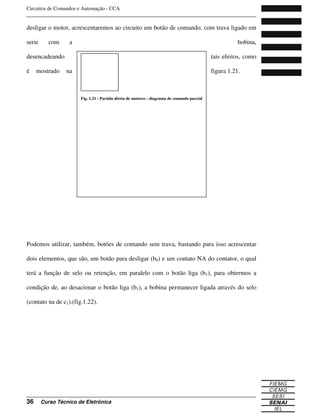 Circuitos de Comandos e Automação - CCA
_______________________________________________________________________________
_______________________________________________________________________________
36 Curso Técnico de Eletrônica
desligar o motor, acrescentaremos ao circuito um botão de comando, com trava ligado em
serie com a bobina,
desencadeando tais efeitos, como
é mostrado na figura 1.21.
Podemos utilizar, também, botões de comando sem trava, bastando para isso acrescentar
dois elementos, que são, um botão para desligar (b0) e um contato NA do contator, o qual
terá a função de selo ou retenção, em paralelo com o botão liga (b1), para obtermos a
condição de, ao desacionar o botão liga (b1), a bobina permanecer ligada através do selo
(contato na de c1).(fig.1.22).
Fig. 1.21 - Partida direta de motores - diagrama de comando parcial
 