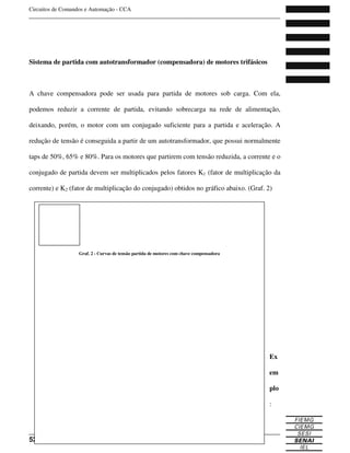 Circuitos de Comandos e Automação - CCA
_______________________________________________________________________________
_______________________________________________________________________________
52 Curso Técnico de Eletrônica
Sistema de partida com autotransformador (compensadora) de motores trifásicos
A chave compensadora pode ser usada para partida de motores sob carga. Com ela,
podemos reduzir a corrente de partida, evitando sobrecarga na rede de alimentação,
deixando, porém, o motor com um conjugado suficiente para a partida e aceleração. A
redução de tensão é conseguida a partir de um autotransformador, que possui normalmente
taps de 50%, 65% e 80%. Para os motores que partirem com tensão reduzida, a corrente e o
conjugado de partida devem ser multiplicados pelos fatores K1 (fator de multiplicação da
corrente) e K2 (fator de multiplicação do conjugado) obtidos no gráfico abaixo. (Graf. 2)
Ex
em
plo
:
Graf. 2 - Curvas de tensão partida de motores com chave compensadora
 