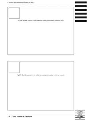 Circuitos de Comandos e Automação - CCA
_______________________________________________________________________________
_______________________________________________________________________________
74 Curso Técnico de Eletrônica
Fig. 1.52 - Partida de motor de rotor bobinado, comutação automática - resistores - comando
Fig. 1.51 – Partida de motor de rotor bobinado, comutação automática - resistores - força
 