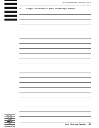 Circuitos de Comandos e Automação - CCA
_______________________________________________________________________________
_______________________________________________________________________________
Curso Técnico de Eletrônica 81
6. Explique o funcionamento da partida estrela triângulo de motor:
 