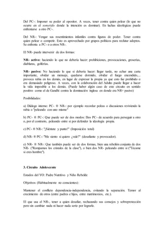 Del PC-: Imponer su poder al opositor. A veces, tener contra quien pelear (lo que no
ocurre en el sometido donde la intención es dominar). En luchas ideológicas puede
enfrentarse a otro PC-.
Del NR-: Vengar sus resentimientos infantiles contra figuras de poder. Tener contra
quien pelear o competir. Esto es aprovechado por grupos políticos para reclutar adeptos.
Se enfrenta a PC- o a otros NR-.
El NR- puede intervenir de dos formas:
NR- activo: haciendo lo que no debería hacer: prohibiciones, provocaciones, groserías,
diabluras, golferías.
NR- pasivo: No haciendo lo que si debería hacer: llegar tarde, no echar una carta
importante, olvidar un mensaje, quedarse dormido, olvidar el fuego encendido,...
provoca rabia en los demás, en lugar de expresar la propia ya que esto fue prohibido o
era demasiado peligroso. A veces, con la colaboración del Adulto puede llegar a hacer
la vida imposible a los demás. (Puede haber algún caso de este circuito en sentido
positivo como el de Gandhi contra la dominación inglesa en donde era NR+ pasivo)
Posibilidades:
a) Diálogo interno: PC- ® NR-: por ejemplo recordar peleas o discusiones reviviendo la
rabia o "peleando con uno mismo"
b) PC- ® PC-: Que puede ser de dos modos: Dos PC- de acuerdo para perseguir a otro
o, por el contrario, peleando entre si por defender la ideología propia.
c) PC- ® NR-: "¡Siéntate y punto!" (Imposición total)
d) NR- ® PC-: "Me siento si quiero ¿vale?" (desafiante y provocador).
e) NR- ® NR-: Que también puede ser de dos formas, bien una rebelión conjunta de dos
NR- ("Rompamos los cristales de la clase"), o bien dos NR- peleando entre si ("Tócame
si eres hombre").
3. Circuito Adolescente
Estados del YO: Padre Nutritivo y Niño Rebelde
Objetivos (Habitualmente no conscientes):
Mantener el conflicto dependencia-independencia, evitando la separación. Temor al
crecimiento de otros (entre padres e hijos, entre matrimonios, etc.).
El que usa el NR-, tener a quien desafiar, rechazando sus consejos y sobreprotección
pero sin cambiar nada ni hacer nada serio por lograrlo.
 