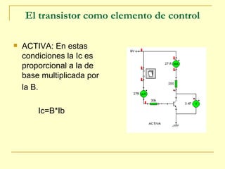 El transistor como elemento de control ACTIVA: En estas condiciones la Ic es proporcional a la de base multiplicada por  la B.   Ic=B*Ib  