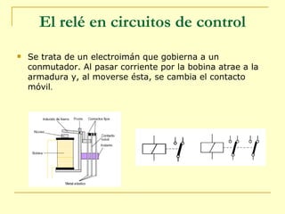 El relé en circuitos de control Se trata de un electroimán que gobierna a un conmutador. Al pasar corriente por la bobina atrae a la armadura y, al moverse ésta, se cambia el contacto móvil . 