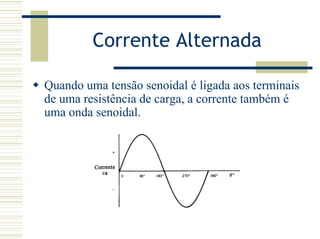 Corrente Alternada
Quando uma tensão senoidal é ligada aos terminais
de uma resistência de carga, a corrente também é
uma onda senoidal.
 