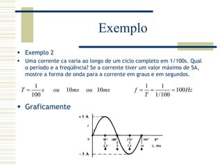 Exemplo
Exemplo 2
Uma corrente ca varia ao longo de um ciclo completo em 1/100s. Qual
o período e a freqüência? Se a corrente tiver um valor máximo de 5A,
mostre a forma de onda para a corrente em graus e em segundos.
1
10 10
100
T s ou ms ou ms=
1 1
100
1/100
f Hz
T
= = =
Graficamente
 