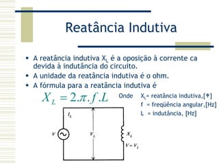 Reatância Indutiva
Onde XL= reatância indutiva,[ ]
f = freqüência angular,[Hz]
L = indutância, [Hz]
2. . .LX f Lπ=
A reatância indutiva XL é a oposição à corrente ca
devida à indutância do circuito.
A unidade da reatância indutiva é o ohm.
A fórmula para a reatância indutiva é
 