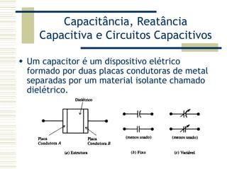 Capacitância, Reatância
Capacitiva e Circuitos Capacitivos
Um capacitor é um dispositivo elétrico
formado por duas placas condutoras de metal
separadas por um material isolante chamado
dielétrico.
 