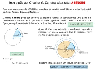Introdução aos Circuitos de Corrente Alternada: A SENOIDE
Para uma representação SENOIDAL, a unidade de medida escolhida para o eixo horizontal
pode ser Tempo, Graus, ou Radianos.
O termo Radiano pode ser definido da seguinte forma: se demarcarmos uma parte da
circunferência de um círculo por uma extensão igual ao raio do círculo, como mostra a
figura, o ângulo resultante é chamado de 1 radiano. O resultado é:
Onde 57,3° é a aproximação normal muito aplicada e
utilizada. Um círculo completo tem 2π radianos, como
mostra a figura abaixo. Ou seja:
Existem 2π radianos em um círculo completo de 360°.
 