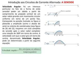 Introdução aos Circuitos de Corrente Alternada: A SENOIDE
Velocidade Angular: há um interesse
particular no fato de a forma de onda
senoidal poder ser obtida a partir do
comprimento da projeção vertical de um
vetor radial girando com movimento circular
uniforme em torno de um ponto fixo.
Começando na posição ilustrada na figura e
plotando a amplitude (acima e abaixo do
zero) no sistema de coordenadas (veja figura
de (b) até (i)), traçamos um ciclo completo
da senoide após o vetor radial completar
uma rotação de 360º em torno do centro. A
velocidade com que o vetor gira em torno do
centro, denominada Velocidade Angular,
pode ser determinada a partir da seguinte
equação:
 