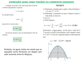 EXPRESSÃO GERAL PARA TENSÕES OU CORRENTES SENOIDAIS
Exemplo 4
a figura abaixo
Portanto, em geral, tenha em mente que as
equações acima fornecem um ângulo com
valor somente entre 0 e 90 graus.
 