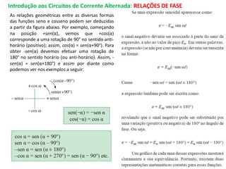 Introdução aos Circuitos de Corrente Alternada: RELAÇÕES DE FASE
As relações geométricas entre as diversas formas
das funções seno e cosseno podem ser deduzidas
a partir da figura abaixo. Por exemplo, começando
na posição +sen(α), vemos que +cos(α)
corresponde a uma rotação de 90° no sentido anti-
horário (positivo); assim, cos(α) = sen(α+90°). Para
obter -sen(α) devemos efetuar uma rotação de
180° no sentido horário (ou anti-horário). Assim, -
sen(α) = sen(α+180°) e assim por diante como
podemos ver nos exemplos a seguir:
 