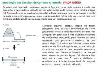 Introdução aos Circuitos de Corrente Alternada: VALOR MÉDIO
Se existe uma depressão no terreno, como na figura (a), uma parte da areia é usada para
preencher a depressão, resultando em um valor médio ainda menor, como mostra a figura
(b). No caso de uma forma de onda senoidal, a depressão tem a mesma forma que o monte
de areia (em um ciclo completo), o que leva a uma altura média nula (ou zero volt para uma
tensão senoidal quando calculamos a média para um período completo).
Exemplo: algumas pessoas, depois de terem
percorrido uma distância considerável de carro,
gostam de calcular a velocidade média durante toda
a viagem. Em geral, isso é feito dividindo o número
de quilômetros percorrido pelo número de horas
necessário para percorrer a distância. Se uma
pessoa viajou 225 milhas em 5 horas, a velocidade
média foi de 225 milhas/5 horas, ou 45 milhas/h.
Essa distância pode ter sido percorrida com várias
velocidades em diferentes intervalos de tempo,
como vemos na próxima figura. Calculando a área
total sob a curva para 5 horas e dividindo o
resultado por 5 h (o tempo total da viagem),
obtemos o mesmo resultado: 45 mi/h.
 