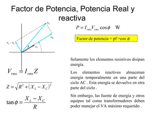 Factor de Potencia, Potencia Real y
reactiva
ZIV rmsrms =
Factor de potencia = pf =cos φ
WcosφrmsrmsVIP =
Solamente los elementos resistivos disipan
energía.
Los elementos reactivos almacenan
energía temporalmente en una parte del
ciclo AC . Esta energía se devuelve en otra
parte del ciclo .
Sin embargo, las fuente de energía y otros
equipos tal como transformadores deben
poder manejar el VA máximo requerido .
( )22
CL XXRZ −+=
R
XX CL −
=φtan
 