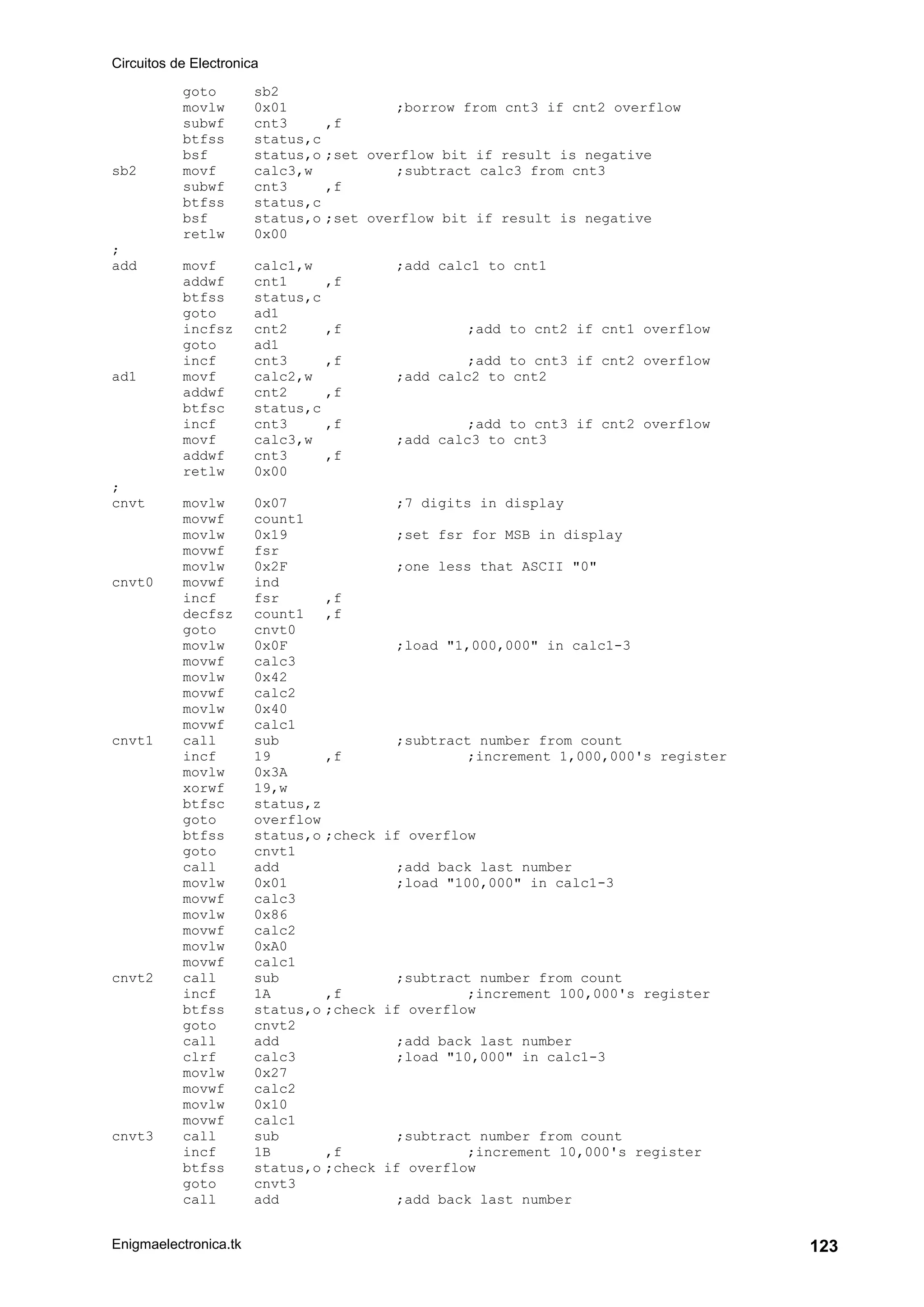 Circuitos de Electronica
Enigmaelectronica.tk 123
goto sb2
movlw 0x01 ;borrow from cnt3 if cnt2 overflow
subwf cnt3 ,f
btfss status,c
bsf status,o ;set overflow bit if result is negative
sb2 movf calc3,w ;subtract calc3 from cnt3
subwf cnt3 ,f
btfss status,c
bsf status,o ;set overflow bit if result is negative
retlw 0x00
;
add movf calc1,w ;add calc1 to cnt1
addwf cnt1 ,f
btfss status,c
goto ad1
incfsz cnt2 ,f ;add to cnt2 if cnt1 overflow
goto ad1
incf cnt3 ,f ;add to cnt3 if cnt2 overflow
ad1 movf calc2,w ;add calc2 to cnt2
addwf cnt2 ,f
btfsc status,c
incf cnt3 ,f ;add to cnt3 if cnt2 overflow
movf calc3,w ;add calc3 to cnt3
addwf cnt3 ,f
retlw 0x00
;
cnvt movlw 0x07 ;7 digits in display
movwf count1
movlw 0x19 ;set fsr for MSB in display
movwf fsr
movlw 0x2F ;one less that ASCII "0"
cnvt0 movwf ind
incf fsr ,f
decfsz count1 ,f
goto cnvt0
movlw 0x0F ;load "1,000,000" in calc1-3
movwf calc3
movlw 0x42
movwf calc2
movlw 0x40
movwf calc1
cnvt1 call sub ;subtract number from count
incf 19 ,f ;increment 1,000,000's register
movlw 0x3A
xorwf 19,w
btfsc status,z
goto overflow
btfss status,o ;check if overflow
goto cnvt1
call add ;add back last number
movlw 0x01 ;load "100,000" in calc1-3
movwf calc3
movlw 0x86
movwf calc2
movlw 0xA0
movwf calc1
cnvt2 call sub ;subtract number from count
incf 1A ,f ;increment 100,000's register
btfss status,o ;check if overflow
goto cnvt2
call add ;add back last number
clrf calc3 ;load "10,000" in calc1-3
movlw 0x27
movwf calc2
movlw 0x10
movwf calc1
cnvt3 call sub ;subtract number from count
incf 1B ,f ;increment 10,000's register
btfss status,o ;check if overflow
goto cnvt3
call add ;add back last number
 