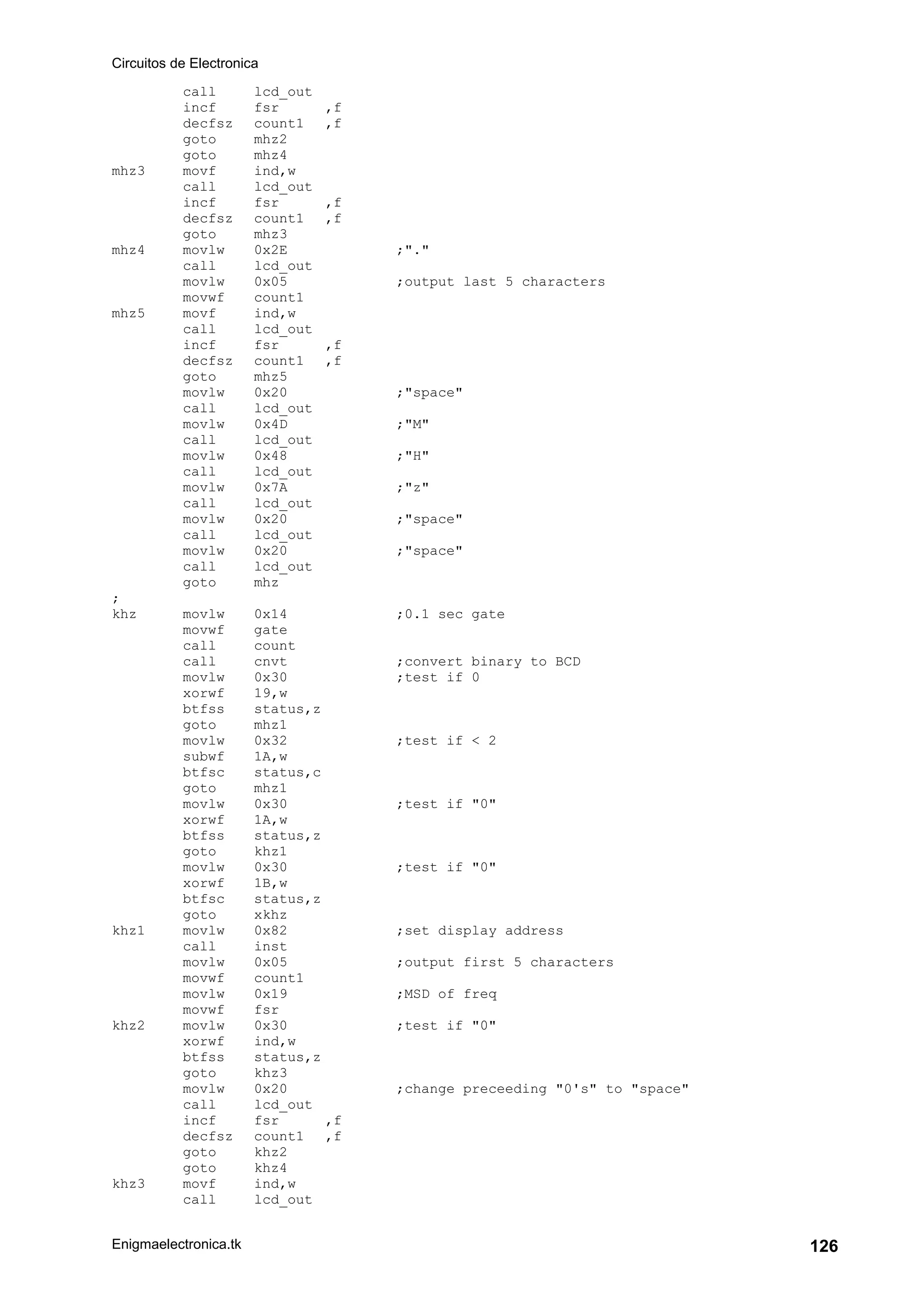 Circuitos de Electronica
Enigmaelectronica.tk 126
call lcd_out
incf fsr ,f
decfsz count1 ,f
goto mhz2
goto mhz4
mhz3 movf ind,w
call lcd_out
incf fsr ,f
decfsz count1 ,f
goto mhz3
mhz4 movlw 0x2E ;"."
call lcd_out
movlw 0x05 ;output last 5 characters
movwf count1
mhz5 movf ind,w
call lcd_out
incf fsr ,f
decfsz count1 ,f
goto mhz5
movlw 0x20 ;"space"
call lcd_out
movlw 0x4D ;"M"
call lcd_out
movlw 0x48 ;"H"
call lcd_out
movlw 0x7A ;"z"
call lcd_out
movlw 0x20 ;"space"
call lcd_out
movlw 0x20 ;"space"
call lcd_out
goto mhz
;
khz movlw 0x14 ;0.1 sec gate
movwf gate
call count
call cnvt ;convert binary to BCD
movlw 0x30 ;test if 0
xorwf 19,w
btfss status,z
goto mhz1
movlw 0x32 ;test if < 2
subwf 1A,w
btfsc status,c
goto mhz1
movlw 0x30 ;test if "0"
xorwf 1A,w
btfss status,z
goto khz1
movlw 0x30 ;test if "0"
xorwf 1B,w
btfsc status,z
goto xkhz
khz1 movlw 0x82 ;set display address
call inst
movlw 0x05 ;output first 5 characters
movwf count1
movlw 0x19 ;MSD of freq
movwf fsr
khz2 movlw 0x30 ;test if "0"
xorwf ind,w
btfss status,z
goto khz3
movlw 0x20 ;change preceeding "0's" to "space"
call lcd_out
incf fsr ,f
decfsz count1 ,f
goto khz2
goto khz4
khz3 movf ind,w
call lcd_out
 