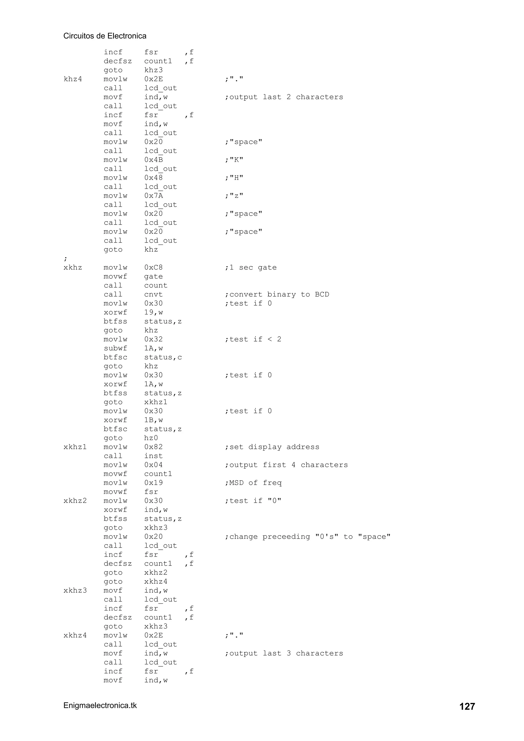 Circuitos de Electronica
Enigmaelectronica.tk 127
incf fsr ,f
decfsz count1 ,f
goto khz3
khz4 movlw 0x2E ;"."
call lcd_out
movf ind,w ;output last 2 characters
call lcd_out
incf fsr ,f
movf ind,w
call lcd_out
movlw 0x20 ;"space"
call lcd_out
movlw 0x4B ;"K"
call lcd_out
movlw 0x48 ;"H"
call lcd_out
movlw 0x7A ;"z"
call lcd_out
movlw 0x20 ;"space"
call lcd_out
movlw 0x20 ;"space"
call lcd_out
goto khz
;
xkhz movlw 0xC8 ;1 sec gate
movwf gate
call count
call cnvt ;convert binary to BCD
movlw 0x30 ;test if 0
xorwf 19,w
btfss status,z
goto khz
movlw 0x32 ;test if < 2
subwf 1A,w
btfsc status,c
goto khz
movlw 0x30 ;test if 0
xorwf 1A,w
btfss status,z
goto xkhz1
movlw 0x30 ;test if 0
xorwf 1B,w
btfsc status,z
goto hz0
xkhz1 movlw 0x82 ;set display address
call inst
movlw 0x04 ;output first 4 characters
movwf count1
movlw 0x19 ;MSD of freq
movwf fsr
xkhz2 movlw 0x30 ;test if "0"
xorwf ind,w
btfss status,z
goto xkhz3
movlw 0x20 ;change preceeding "0's" to "space"
call lcd_out
incf fsr ,f
decfsz count1 ,f
goto xkhz2
goto xkhz4
xkhz3 movf ind,w
call lcd_out
incf fsr ,f
decfsz count1 ,f
goto xkhz3
xkhz4 movlw 0x2E ;"."
call lcd_out
movf ind,w ;output last 3 characters
call lcd_out
incf fsr ,f
movf ind,w
 