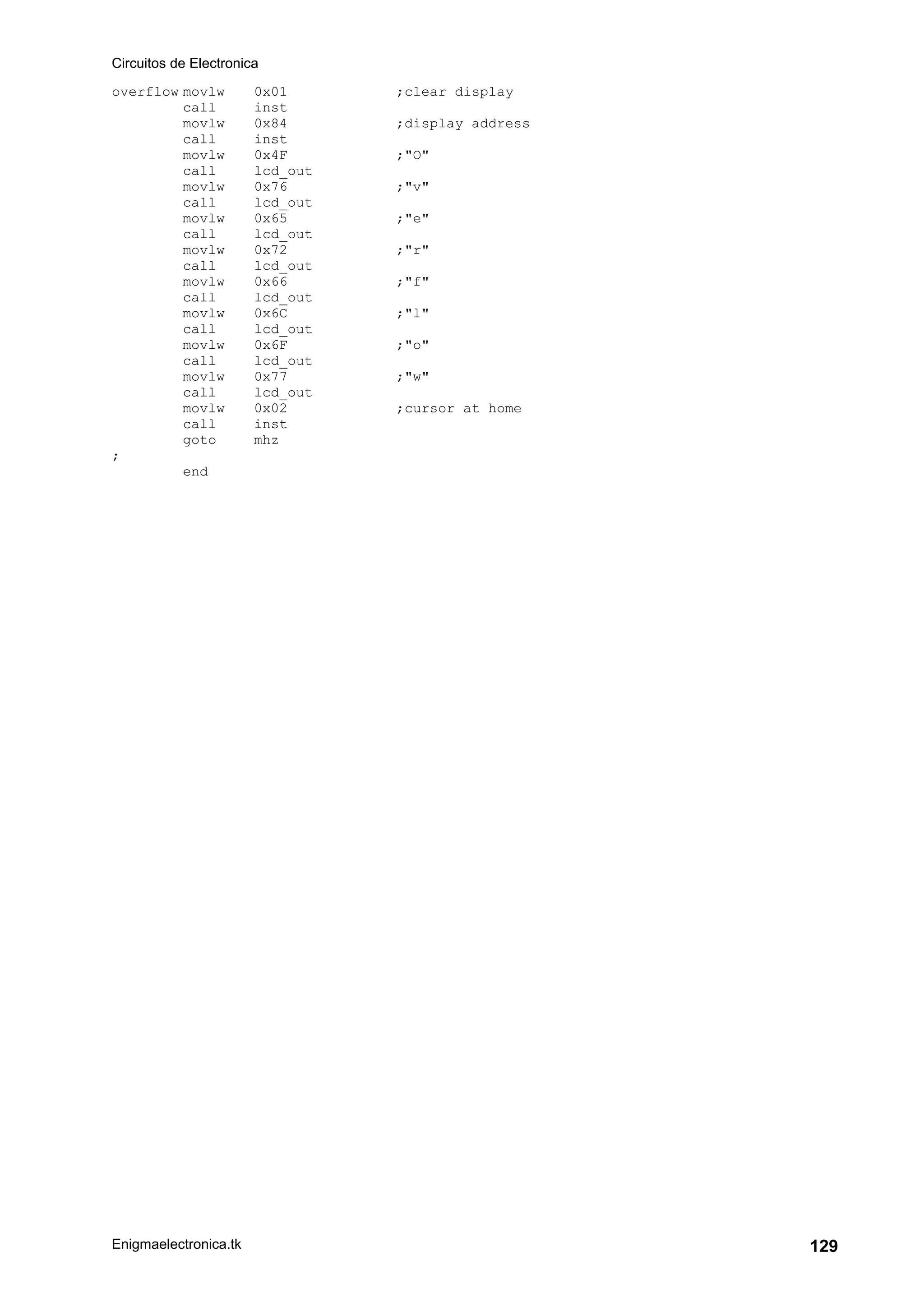 Circuitos de Electronica
Enigmaelectronica.tk 129
overflow movlw 0x01 ;clear display
call inst
movlw 0x84 ;display address
call inst
movlw 0x4F ;"O"
call lcd_out
movlw 0x76 ;"v"
call lcd_out
movlw 0x65 ;"e"
call lcd_out
movlw 0x72 ;"r"
call lcd_out
movlw 0x66 ;"f"
call lcd_out
movlw 0x6C ;"l"
call lcd_out
movlw 0x6F ;"o"
call lcd_out
movlw 0x77 ;"w"
call lcd_out
movlw 0x02 ;cursor at home
call inst
goto mhz
;
end
 