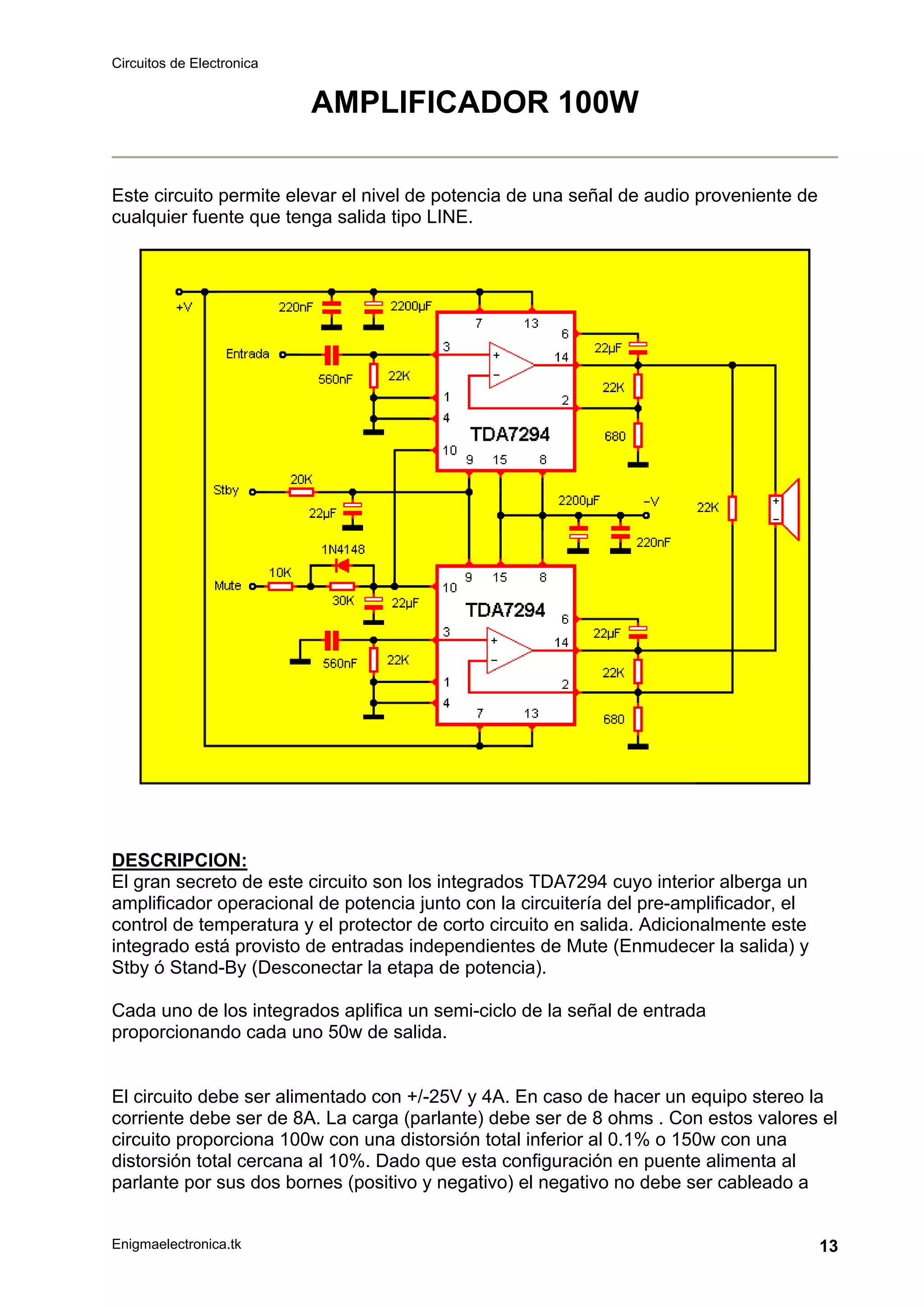 Circuitos de Electronica
Enigmaelectronica.tk 13
AMPLIFICADOR 100W
Este circuito permite elevar el nivel de potencia de una señal de audio proveniente de
cualquier fuente que tenga salida tipo LINE.
DESCRIPCION:
El gran secreto de este circuito son los integrados TDA7294 cuyo interior alberga un
amplificador operacional de potencia junto con la circuitería del pre-amplificador, el
control de temperatura y el protector de corto circuito en salida. Adicionalmente este
integrado está provisto de entradas independientes de Mute (Enmudecer la salida) y
Stby ó Stand-By (Desconectar la etapa de potencia).
Cada uno de los integrados aplifica un semi-ciclo de la señal de entrada
proporcionando cada uno 50w de salida.
El circuito debe ser alimentado con +/-25V y 4A. En caso de hacer un equipo stereo la
corriente debe ser de 8A. La carga (parlante) debe ser de 8 ohms . Con estos valores el
circuito proporciona 100w con una distorsión total inferior al 0.1% o 150w con una
distorsión total cercana al 10%. Dado que esta configuración en puente alimenta al
parlante por sus dos bornes (positivo y negativo) el negativo no debe ser cableado a
 
