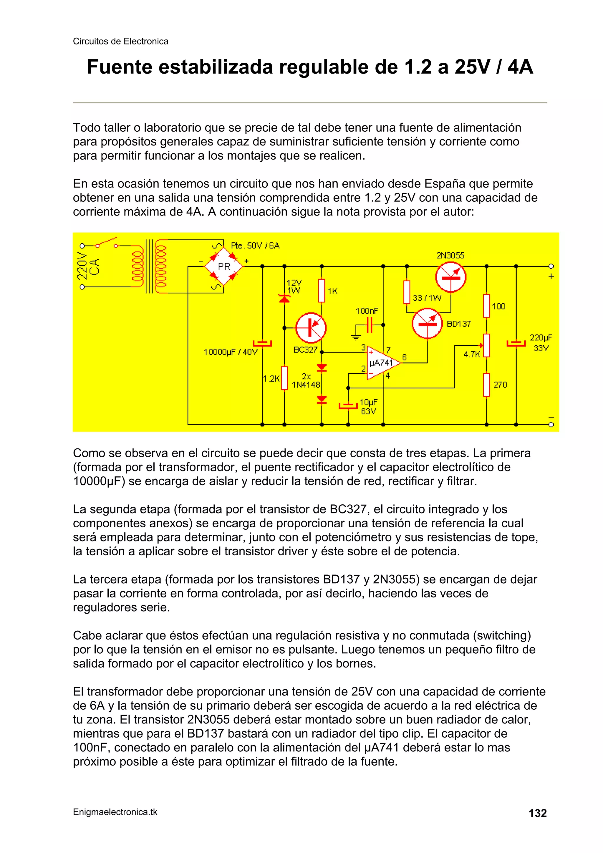 Circuitos de Electronica
Enigmaelectronica.tk 132
Fuente estabilizada regulable de 1.2 a 25V / 4A
Todo taller o laboratorio que se precie de tal debe tener una fuente de alimentación
para propósitos generales capaz de suministrar suficiente tensión y corriente como
para permitir funcionar a los montajes que se realicen.
En esta ocasión tenemos un circuito que nos han enviado desde España que permite
obtener en una salida una tensión comprendida entre 1.2 y 25V con una capacidad de
corriente máxima de 4A. A continuación sigue la nota provista por el autor:
Como se observa en el circuito se puede decir que consta de tres etapas. La primera
(formada por el transformador, el puente rectificador y el capacitor electrolítico de
10000µF) se encarga de aislar y reducir la tensión de red, rectificar y filtrar.
La segunda etapa (formada por el transistor de BC327, el circuito integrado y los
componentes anexos) se encarga de proporcionar una tensión de referencia la cual
será empleada para determinar, junto con el potenciómetro y sus resistencias de tope,
la tensión a aplicar sobre el transistor driver y éste sobre el de potencia.
La tercera etapa (formada por los transistores BD137 y 2N3055) se encargan de dejar
pasar la corriente en forma controlada, por así decirlo, haciendo las veces de
reguladores serie.
Cabe aclarar que éstos efectúan una regulación resistiva y no conmutada (switching)
por lo que la tensión en el emisor no es pulsante. Luego tenemos un pequeño filtro de
salida formado por el capacitor electrolítico y los bornes.
El transformador debe proporcionar una tensión de 25V con una capacidad de corriente
de 6A y la tensión de su primario deberá ser escogida de acuerdo a la red eléctrica de
tu zona. El transistor 2N3055 deberá estar montado sobre un buen radiador de calor,
mientras que para el BD137 bastará con un radiador del tipo clip. El capacitor de
100nF, conectado en paralelo con la alimentación del µA741 deberá estar lo mas
próximo posible a éste para optimizar el filtrado de la fuente.
 