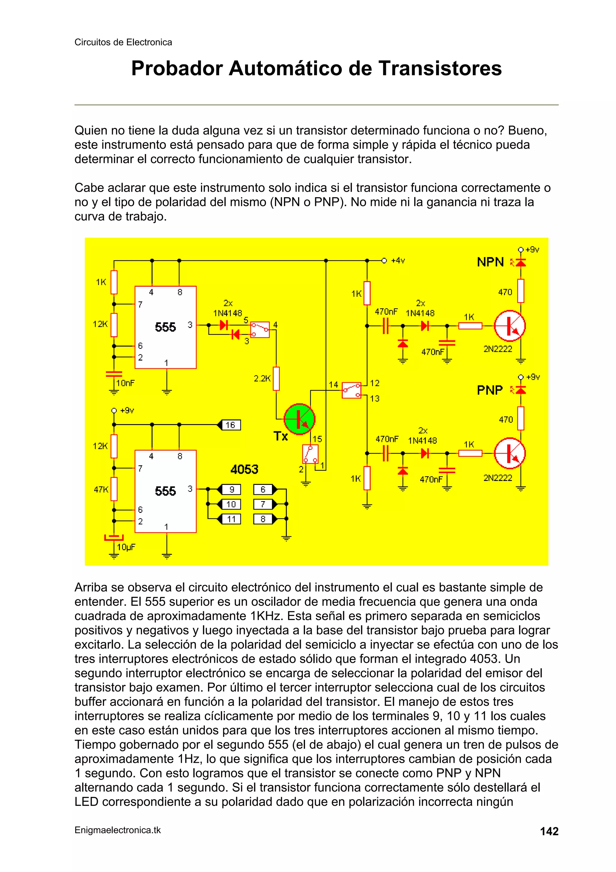 Circuitos de Electronica
Enigmaelectronica.tk 142
Probador Automático de Transistores
Quien no tiene la duda alguna vez si un transistor determinado funciona o no? Bueno,
este instrumento está pensado para que de forma simple y rápida el técnico pueda
determinar el correcto funcionamiento de cualquier transistor.
Cabe aclarar que este instrumento solo indica si el transistor funciona correctamente o
no y el tipo de polaridad del mismo (NPN o PNP). No mide ni la ganancia ni traza la
curva de trabajo.
Arriba se observa el circuito electrónico del instrumento el cual es bastante simple de
entender. El 555 superior es un oscilador de media frecuencia que genera una onda
cuadrada de aproximadamente 1KHz. Esta señal es primero separada en semiciclos
positivos y negativos y luego inyectada a la base del transistor bajo prueba para lograr
excitarlo. La selección de la polaridad del semiciclo a inyectar se efectúa con uno de los
tres interruptores electrónicos de estado sólido que forman el integrado 4053. Un
segundo interruptor electrónico se encarga de seleccionar la polaridad del emisor del
transistor bajo examen. Por último el tercer interruptor selecciona cual de los circuitos
buffer accionará en función a la polaridad del transistor. El manejo de estos tres
interruptores se realiza cíclicamente por medio de los terminales 9, 10 y 11 los cuales
en este caso están unidos para que los tres interruptores accionen al mismo tiempo.
Tiempo gobernado por el segundo 555 (el de abajo) el cual genera un tren de pulsos de
aproximadamente 1Hz, lo que significa que los interruptores cambian de posición cada
1 segundo. Con esto logramos que el transistor se conecte como PNP y NPN
alternando cada 1 segundo. Si el transistor funciona correctamente sólo destellará el
LED correspondiente a su polaridad dado que en polarización incorrecta ningún
 
